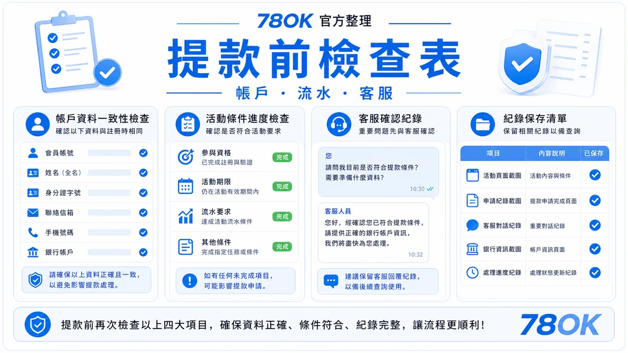 包你發娛樂城資訊怎麼看?TU 官方整理遊戲、優惠與提款檢查 4 TU 提款前檢查表圖,包含帳戶、流水與客服