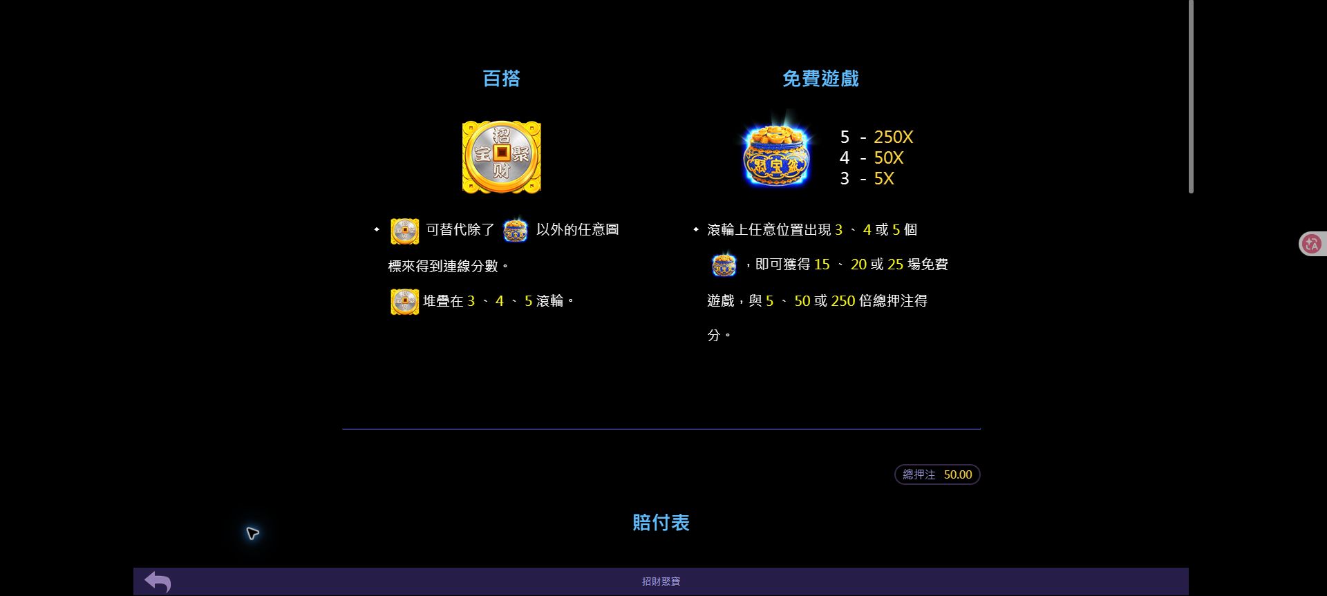 招財聚寶怎麼玩?TU電子遊戲主畫面、規則入口與特色整理 5 招財聚寶規則頁中的百搭與免費遊戲說明
