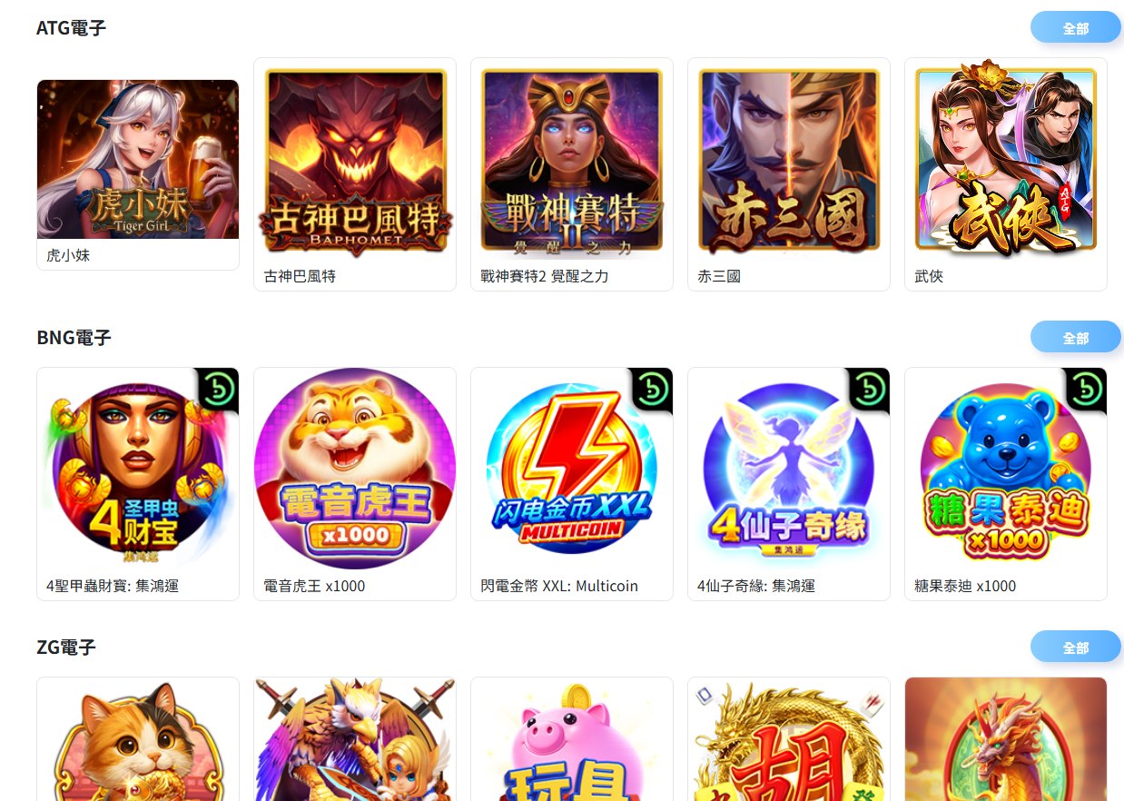 TU電子館完整介紹:遊戲分區、供應商與新手怎麼挑 5 TU電子館ATG電子、BNG電子與ZG電子遊戲卡片列表