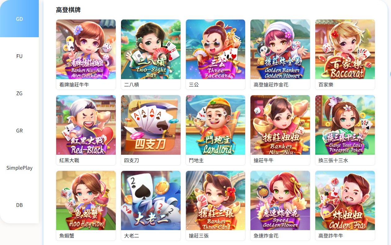 TU棋牌館完整介紹:GD、FU、ZG、GR、SimplePlay、DB與熱門遊戲怎麼選 3 TU棋牌館供應商與遊戲列表,左側可見GD、FU、ZG、GR、SimplePlay與DB